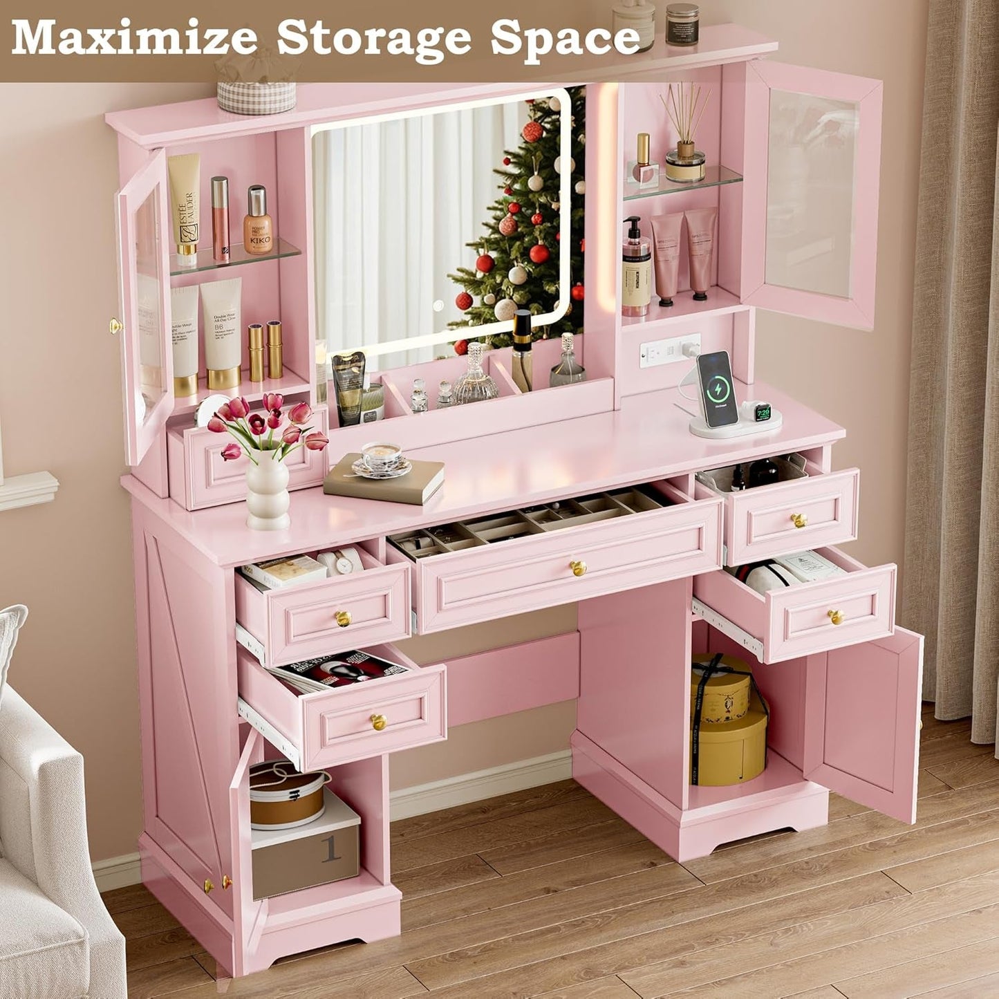 Pink Vanity Desk With Premium LED Illuminated Mirror