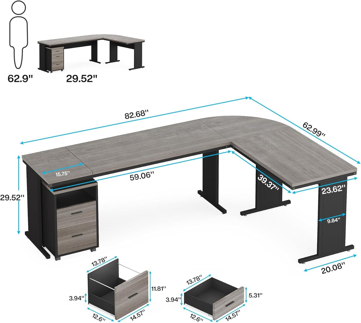 83 Inch L Shaped Office Desk Gray Executive Desk Large