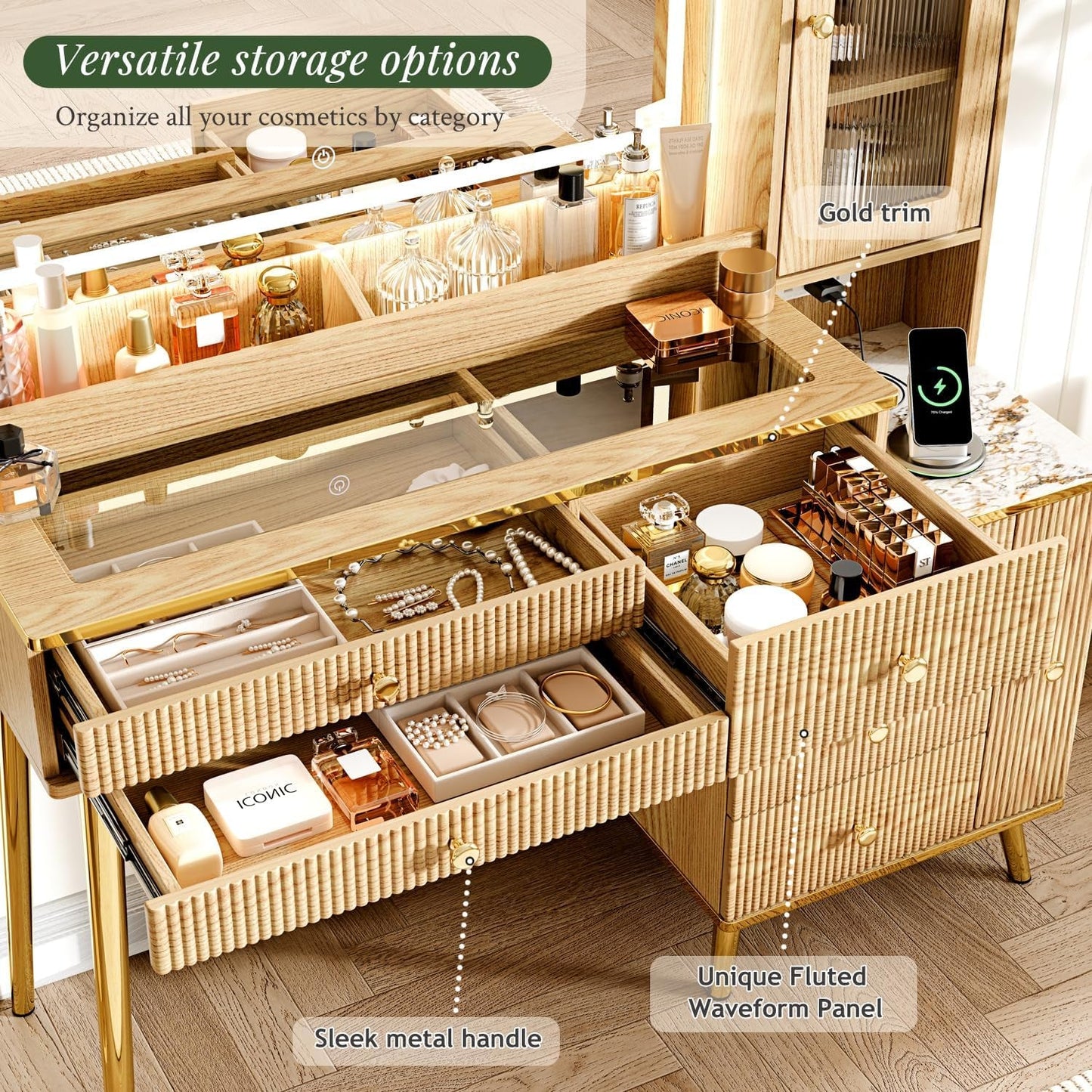Oak Vanity Desk With Forty Six Inch Illuminated Mirror