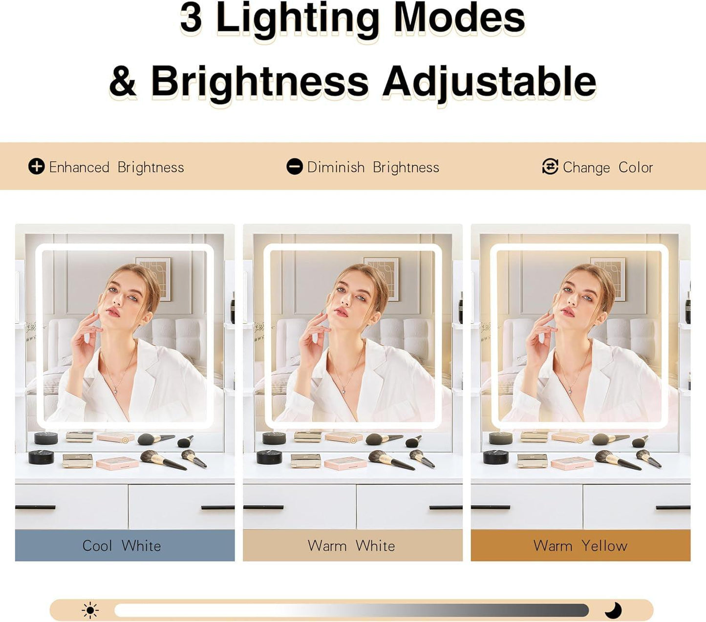 Elegant White Vanity Desk With 42 Inch Wide Mirror Light LED