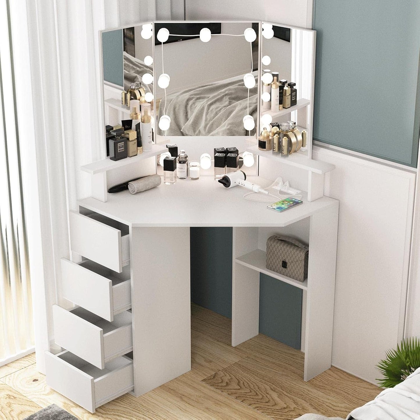 White Corner Vanity Desk 42 Inch Illuminated Mirror