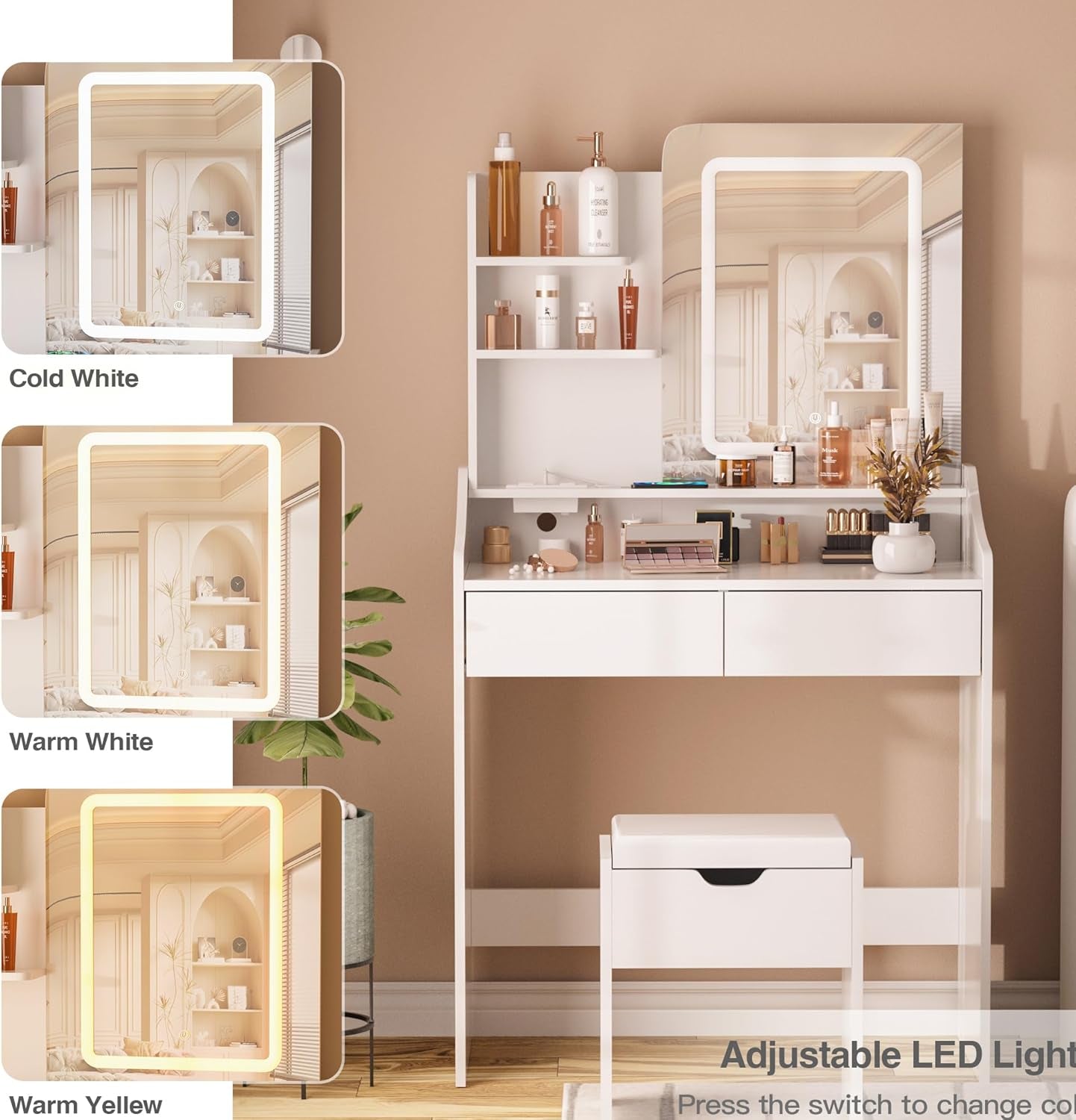 Vanity Desk With Integrated LED Mirror And Charging