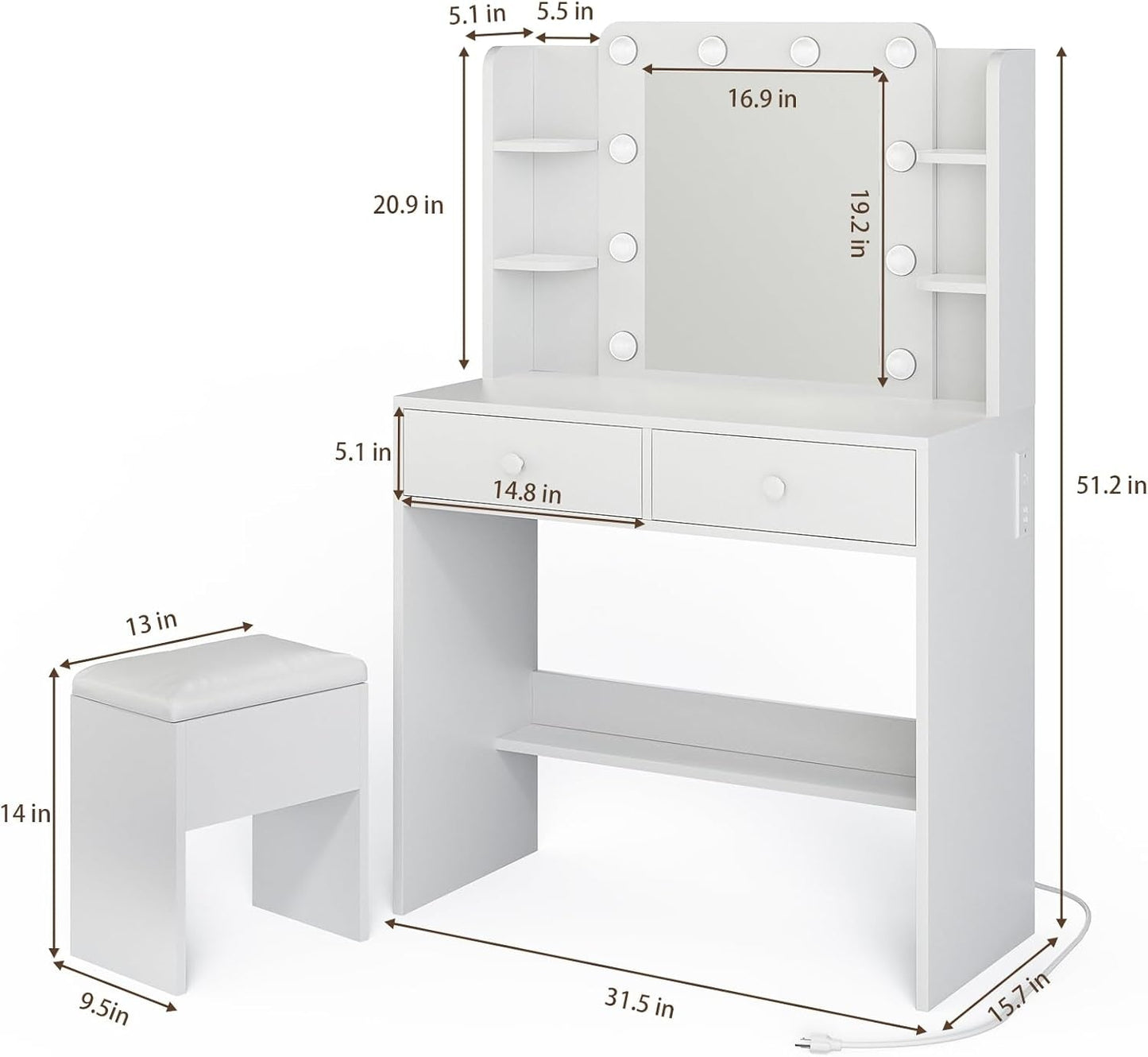 White Vanity Table With Illuminated Mirror Drawers