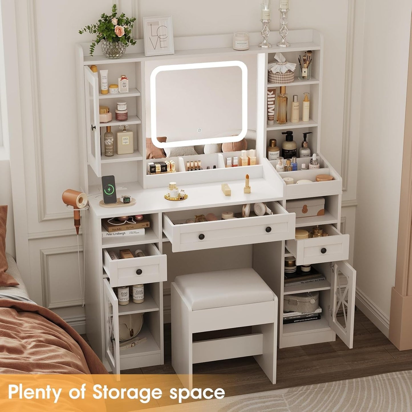 Large Vanity Desk Mirror LED Lighting Storage Drawers