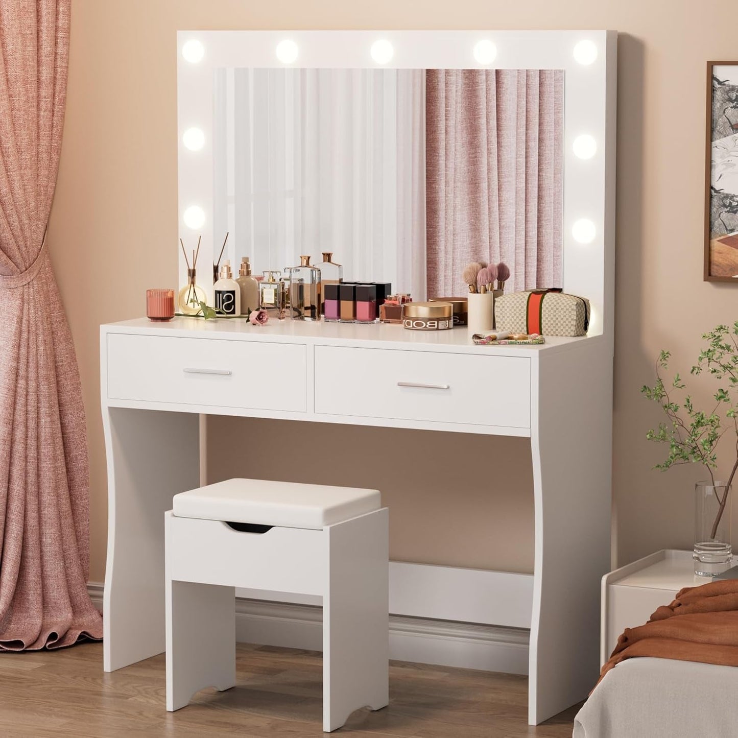 White 35 Inches Vanity Desk With Illuminated Mirror