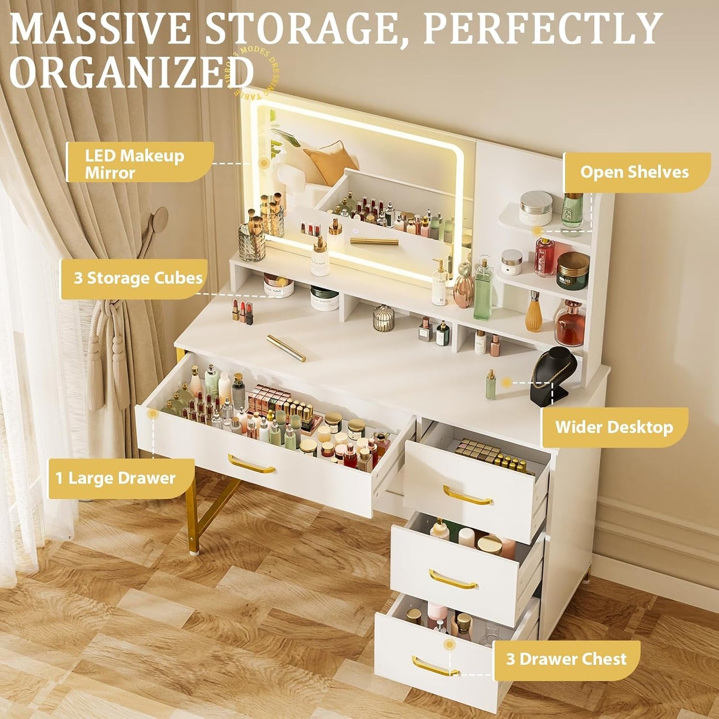 Pearl White Vanity Desk With Customizable Lighting