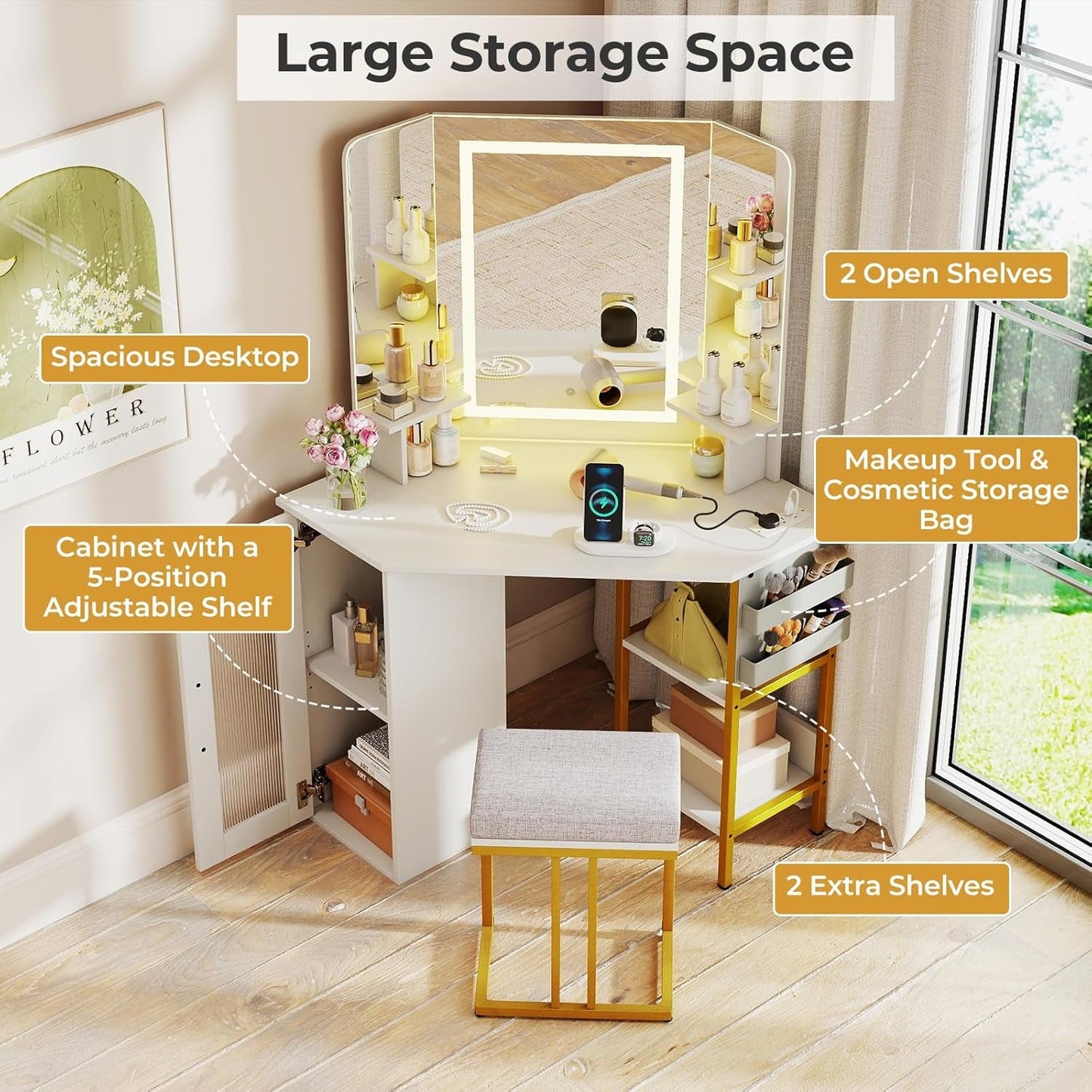 Corner Vanity Desk With Lighted Tri Fold Mirror And Storage White Gold
