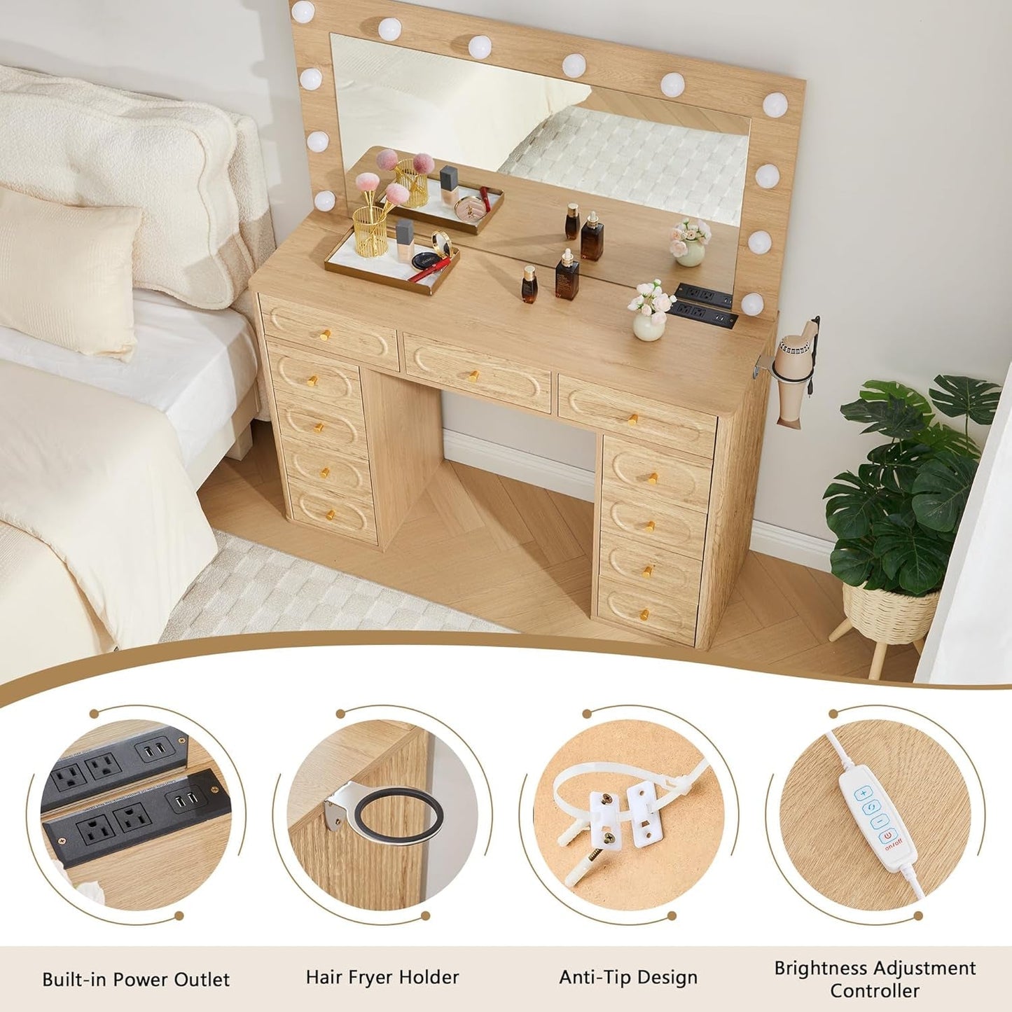 Fluted Vanity Desk Illuminated Mirror Storage Compartments