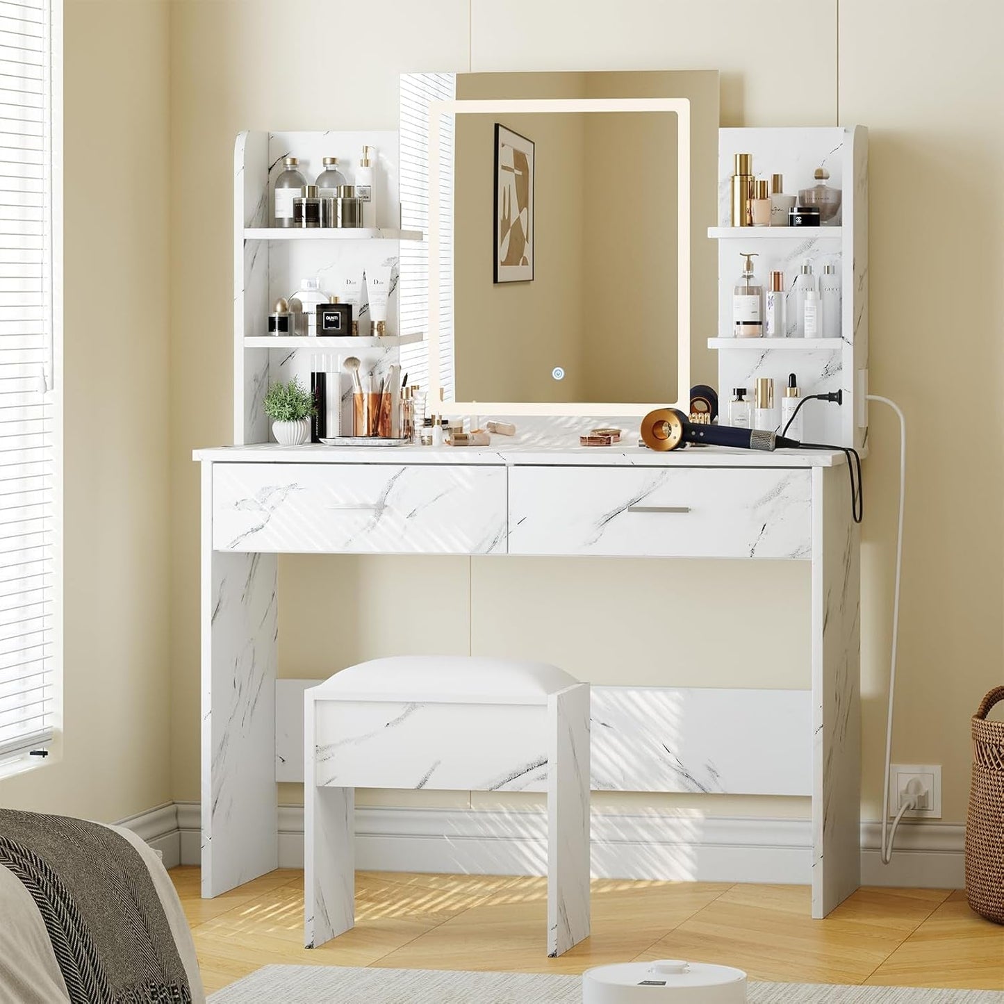 Marble White Vanity Desk With Premium Illumination