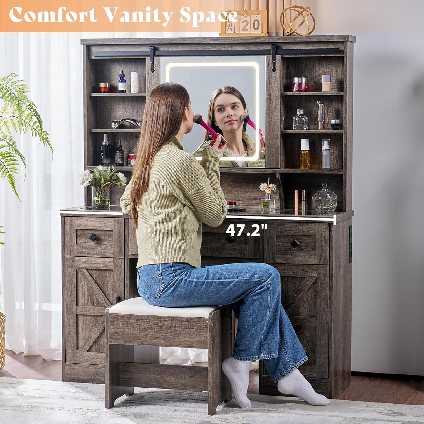 47.2 Inches Farmhouse Vanity Desk With Illumination