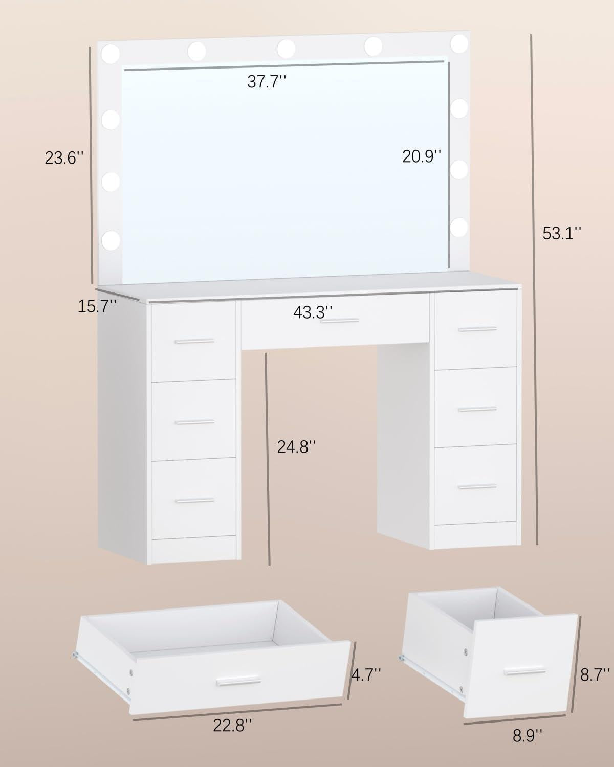 White Vanity Table With Illuminated Mirror Drawers