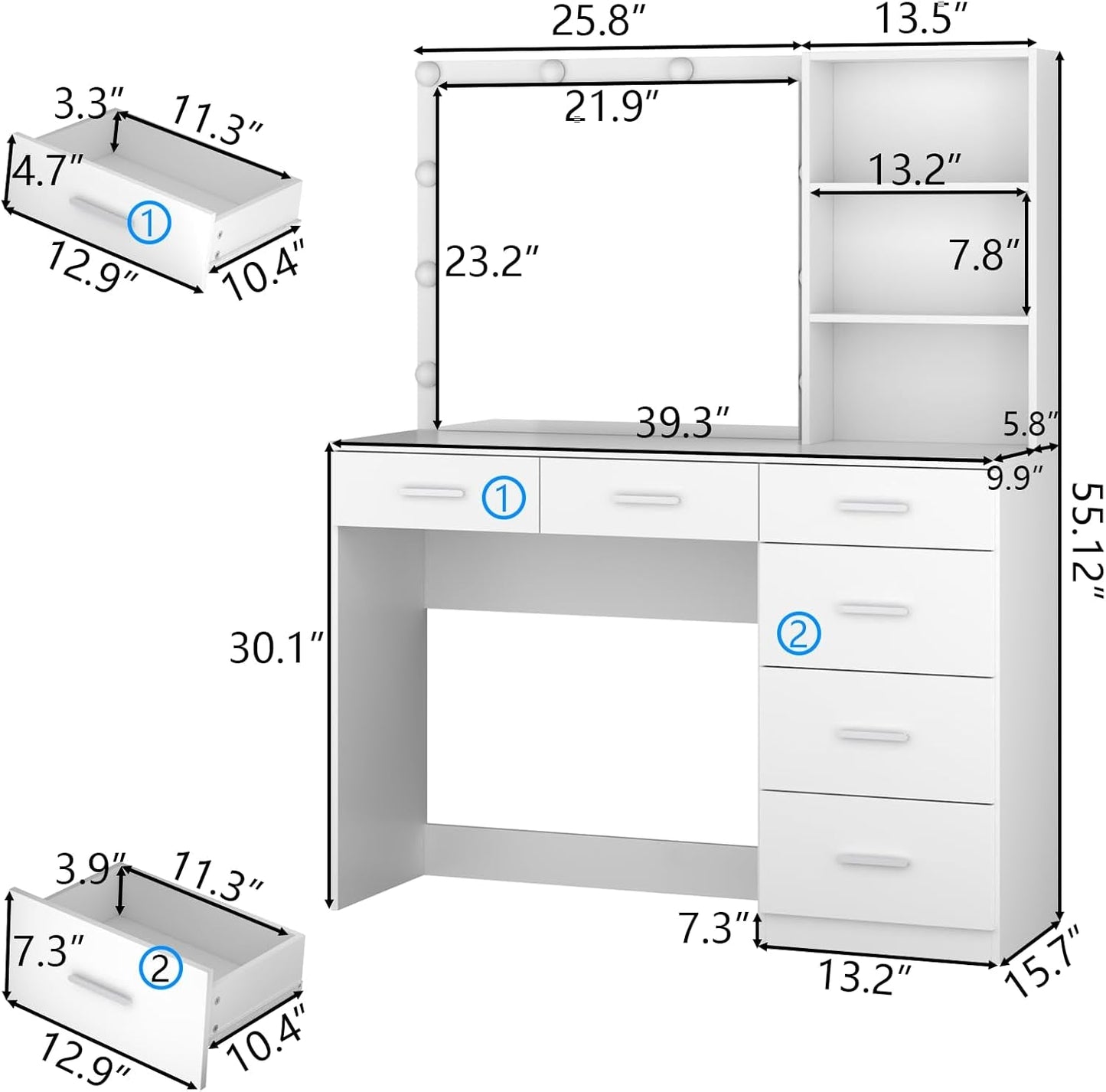 39 Inches White Vanity Desk With Illuminated Makeup Mirror