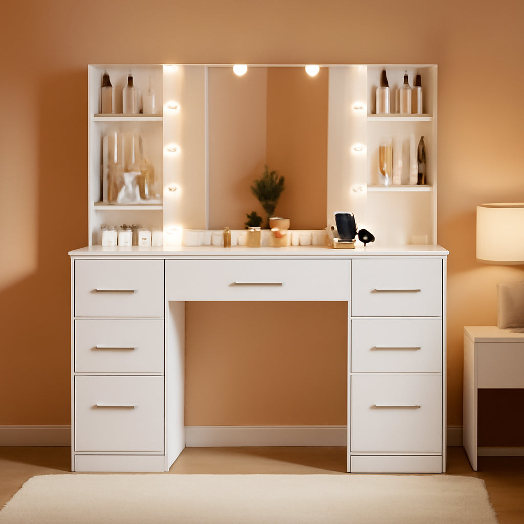 White Vanity Desk With Integrated LED Mirror Outlet