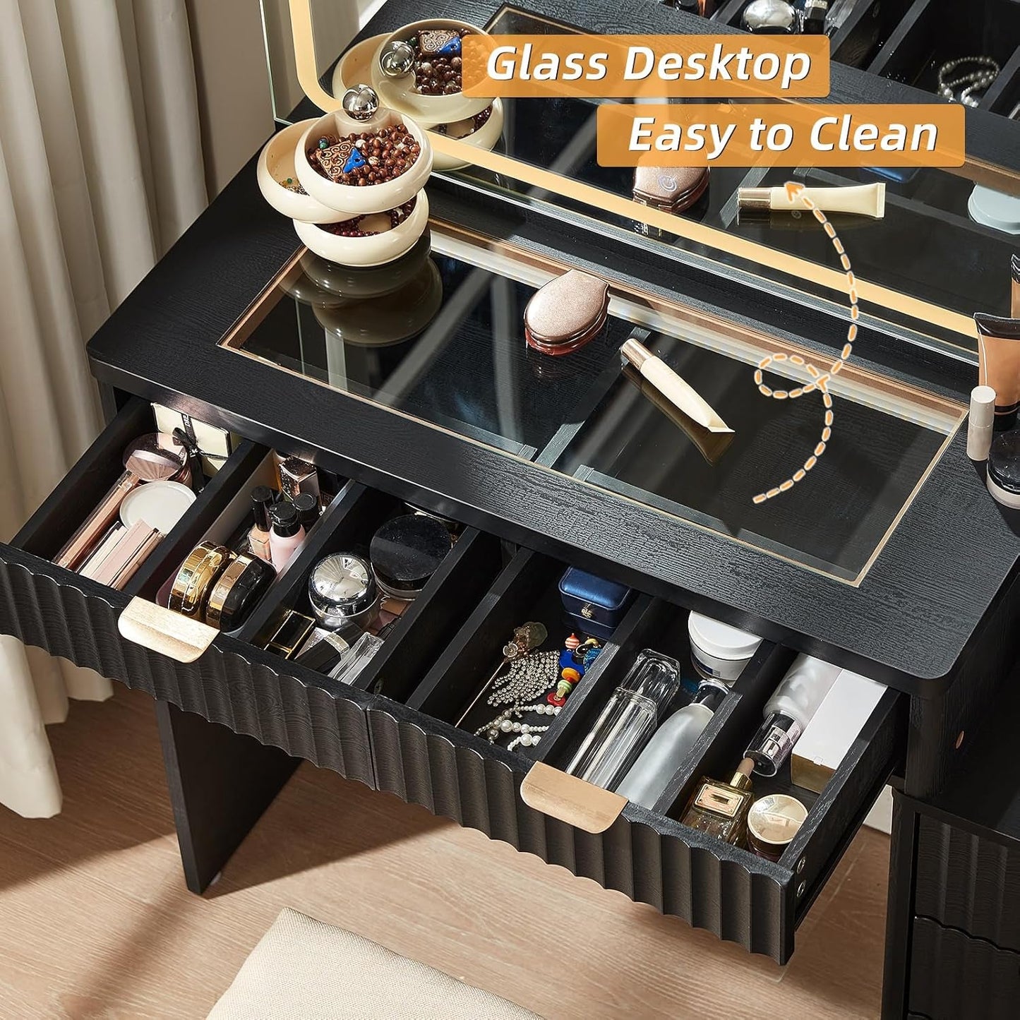 Black Vanity Desk With Premium Crystal Mirror Light