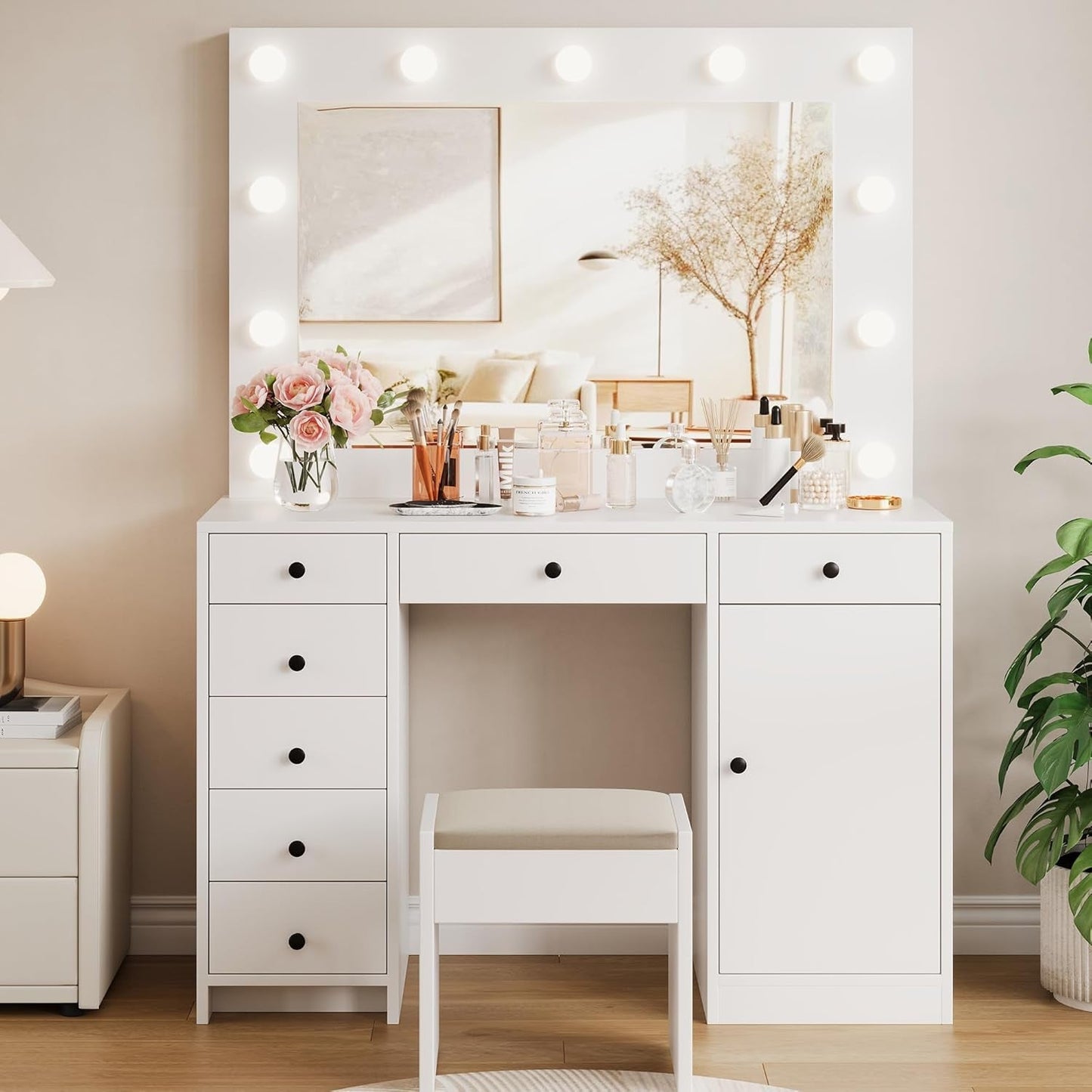White Vanity Desk With Mirror And Storage Drawers Pro