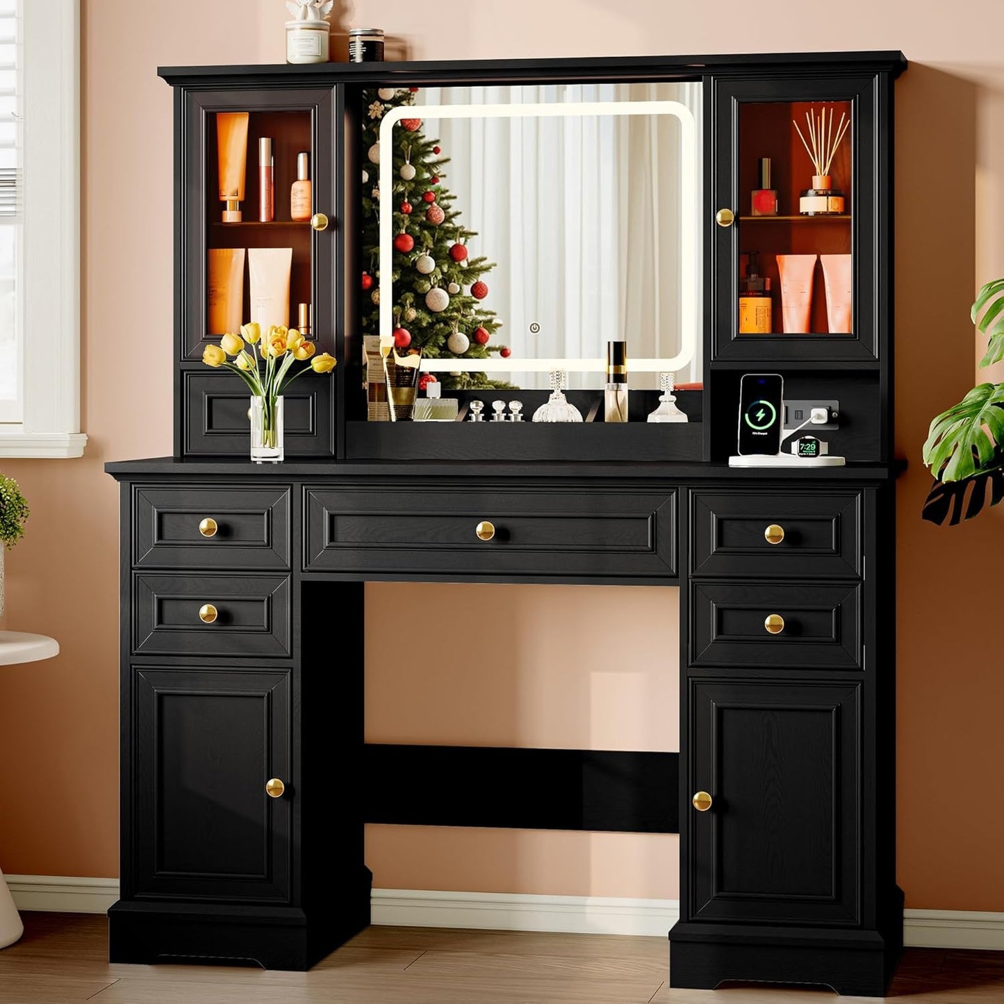 Black Cosmetic Vanity Desk With Illuminated Mirror