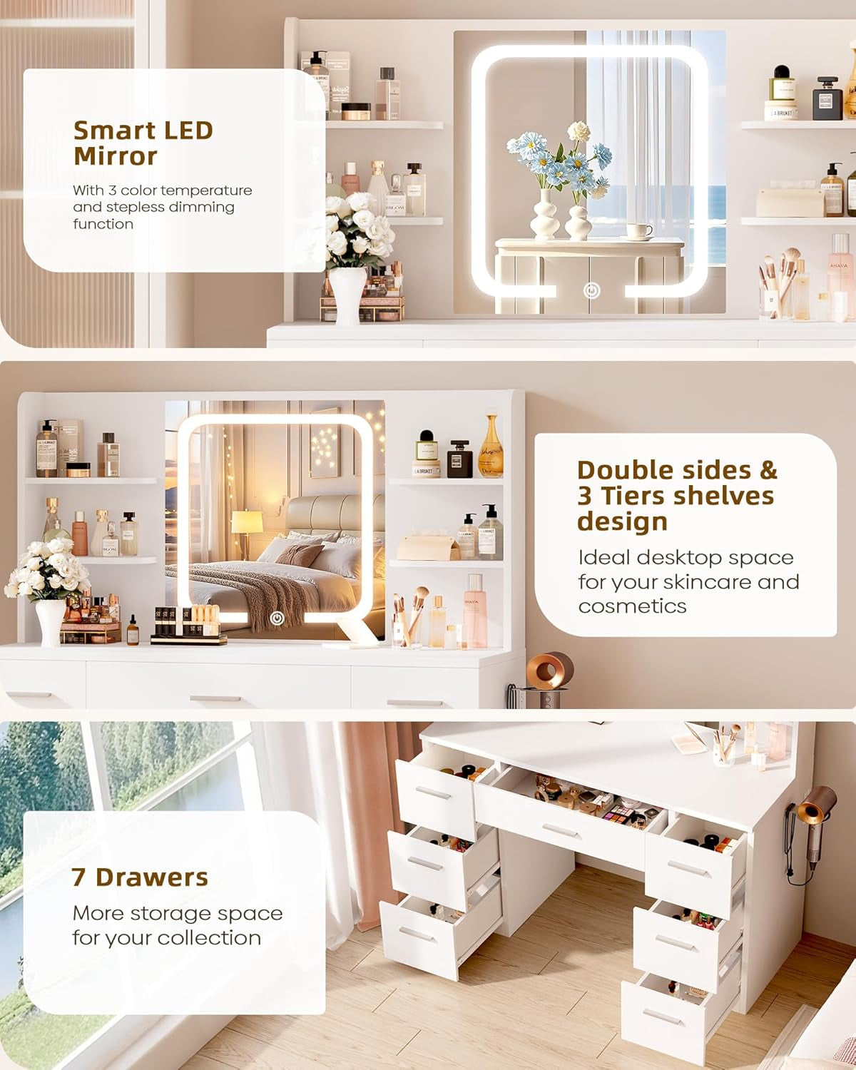 White Vanity Desk With Smart LED Mirror And Storage