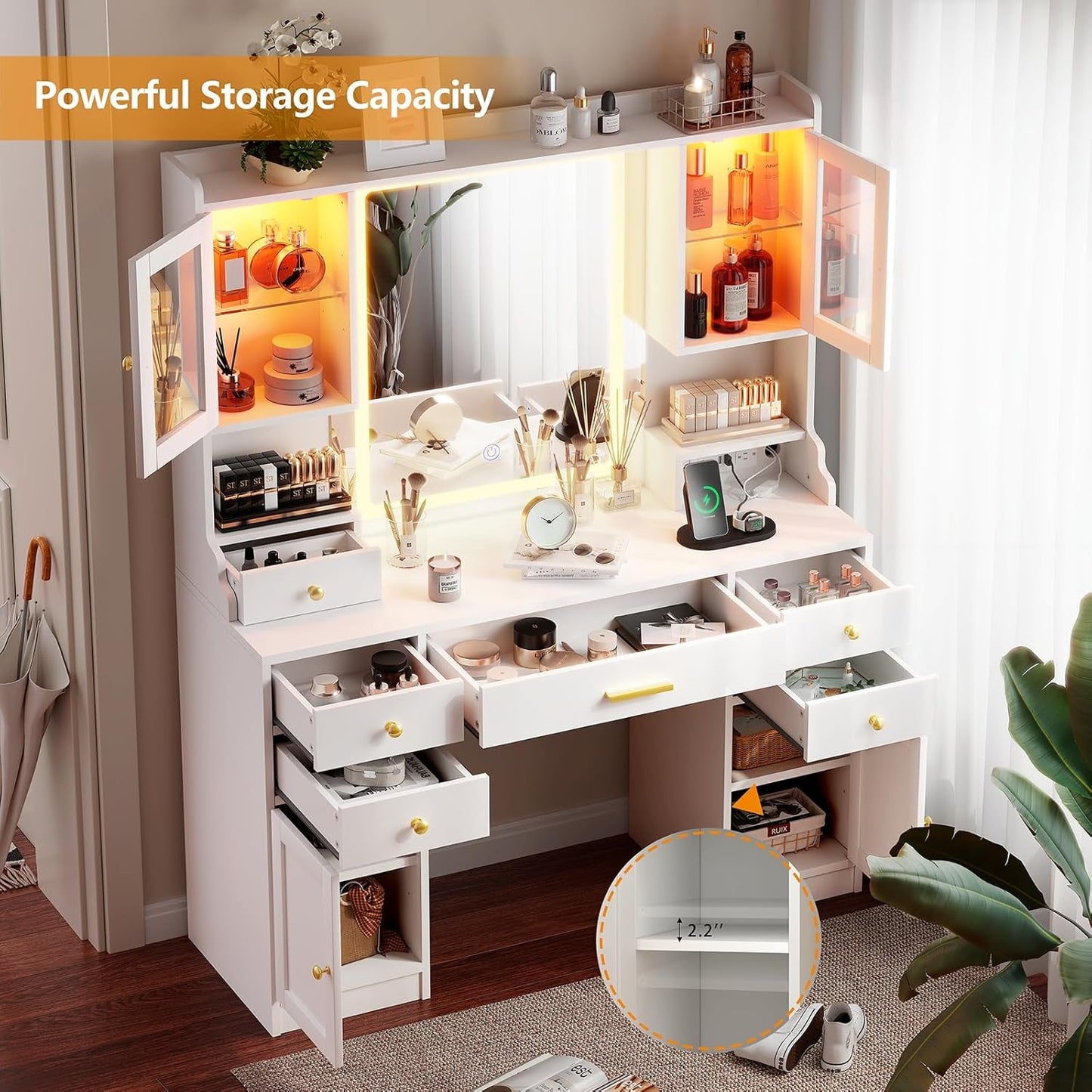 White Vanity Desk With Mirror RGB Ambient Lighting Pro