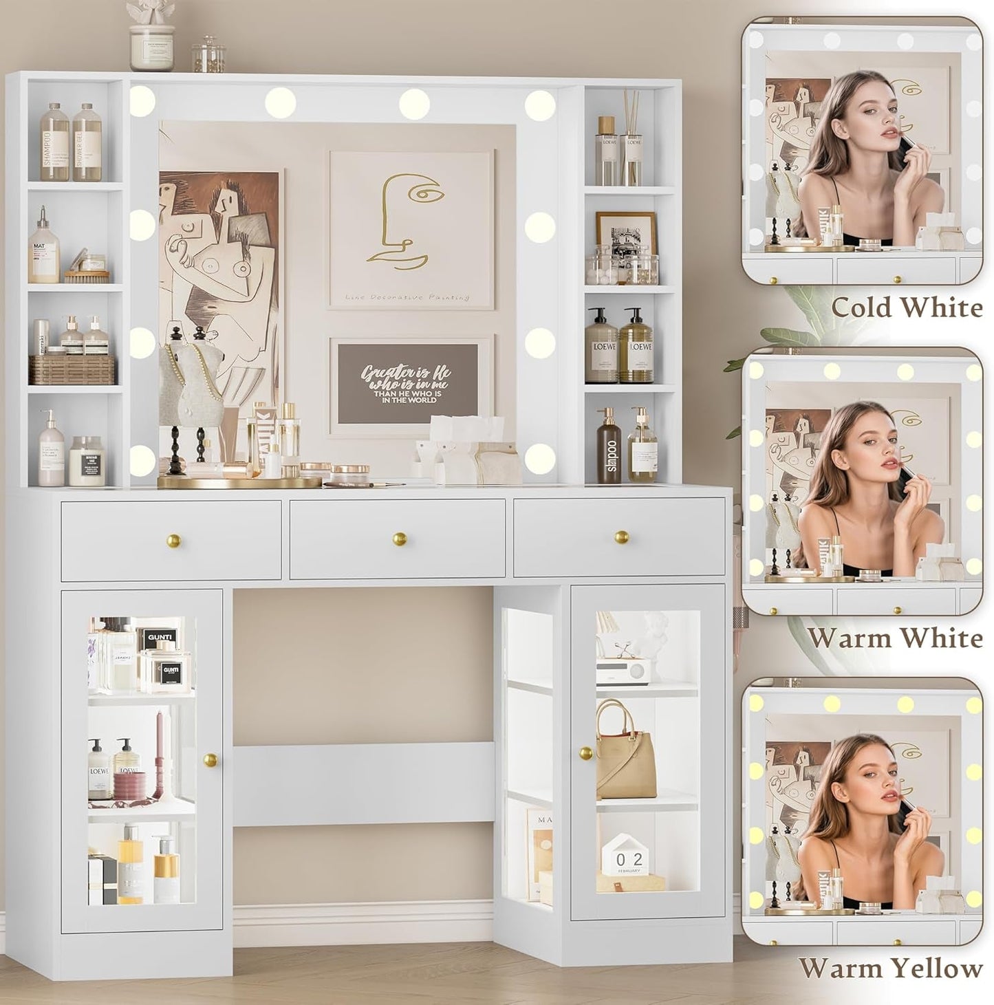 White LED Lighted Makeup Vanity Desk with Drawers
