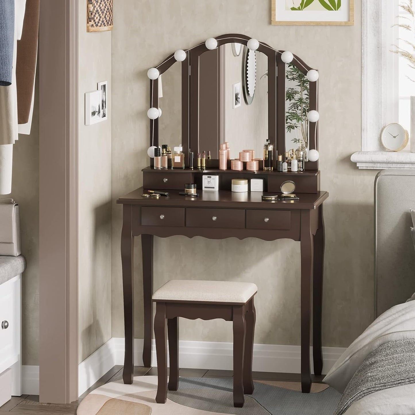 Espresso Vanity Desk With Adjustable Lighting Mirror