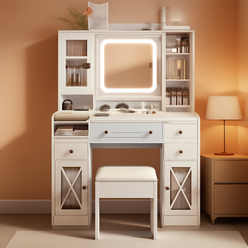 Large Vanity Desk Mirror LED Lighting Storage Drawers