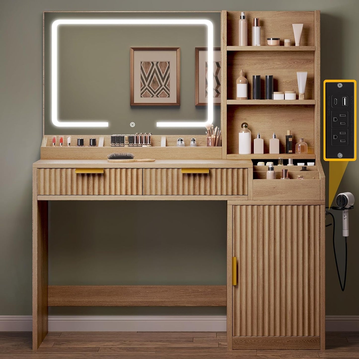 Makeup Vanity Desk 27Inch Mirror Oak Solid Wood Finish