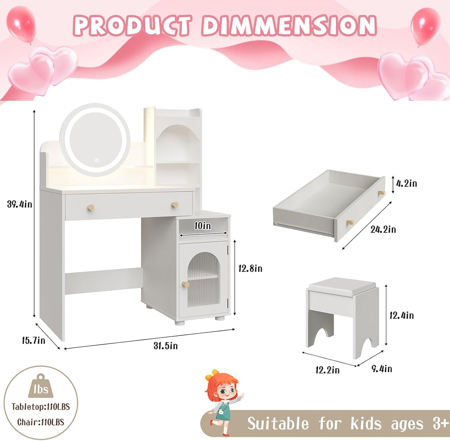 White Kids Premium Vanity Table Illuminated Mirror