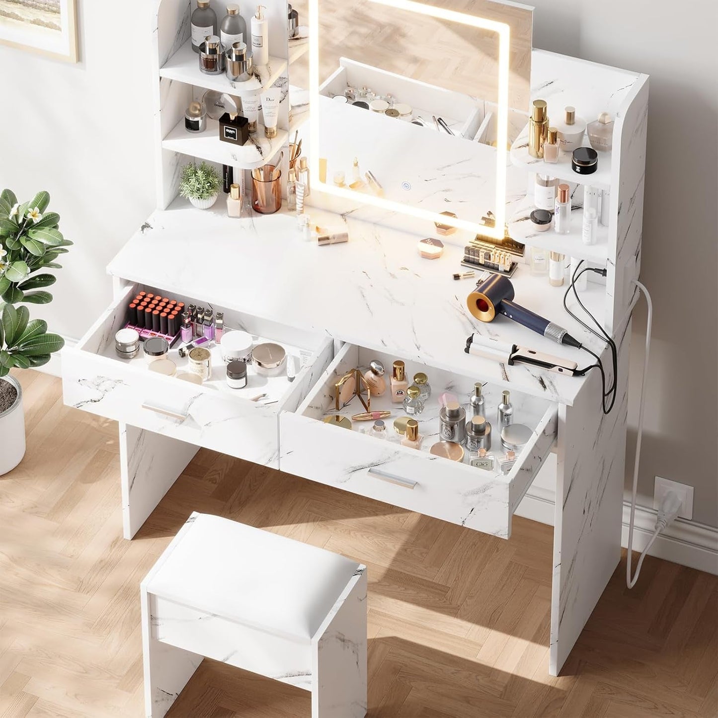 Marble White Vanity Desk With Premium Illumination