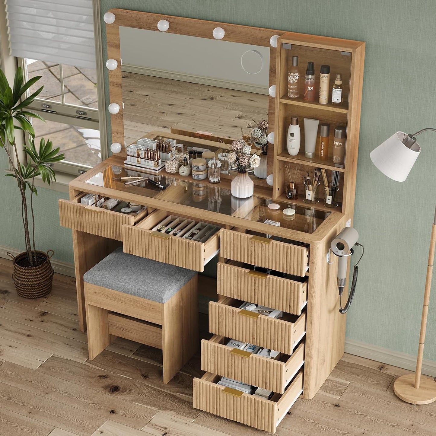 Forty Seven In Fluted Oak Makeup Vanity Desk Illuminated