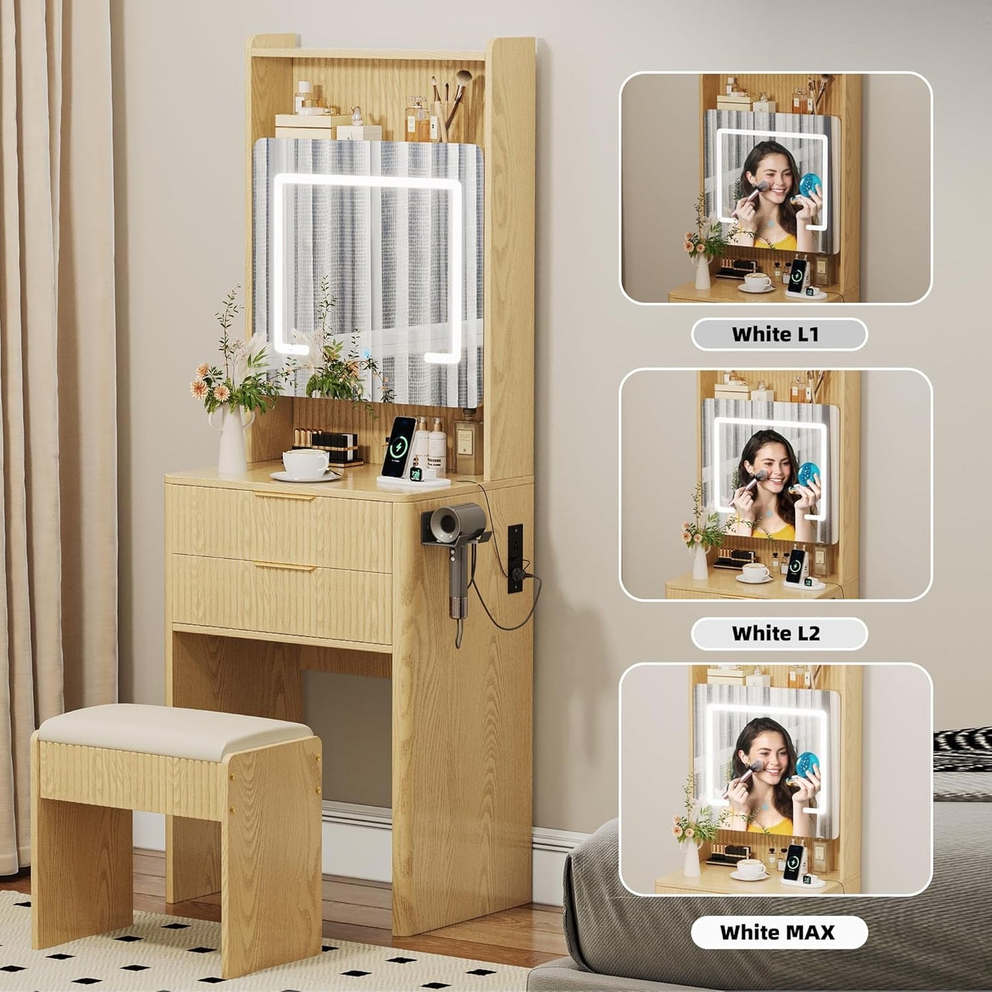Three In One Vanity Desk Illuminated Storage Drawers