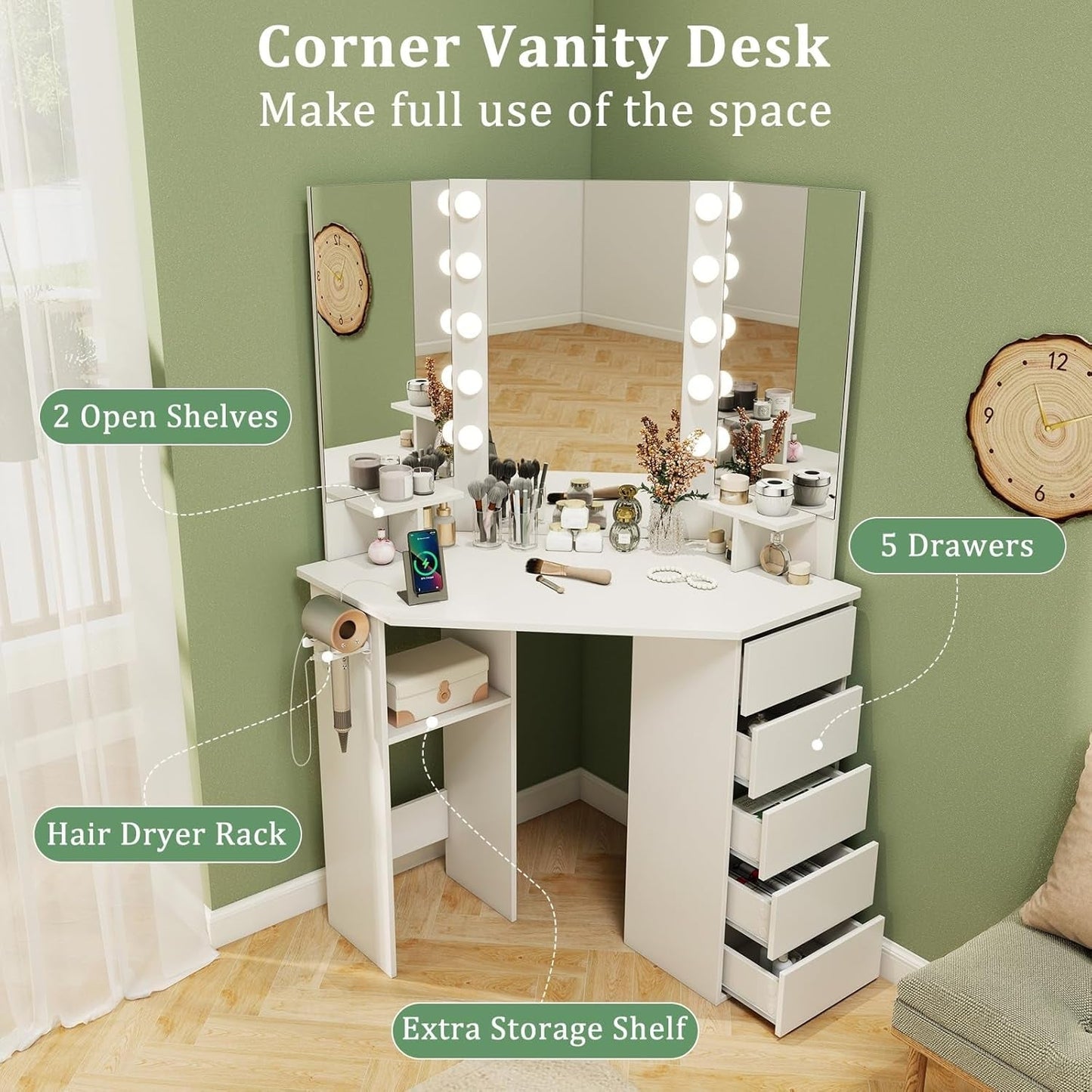 White Corner Vanity Desk With Illuminated Five Drawer
