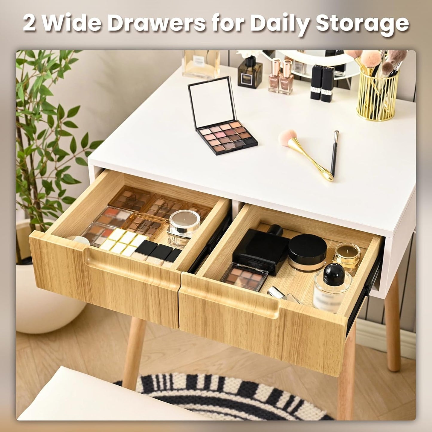 Natural Oak Vanity Desk With Illuminated Makeup Mirror