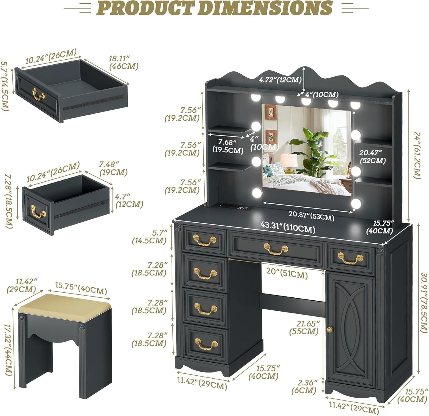 Grey Makeup Vanity Desk With Multifunctional Storage