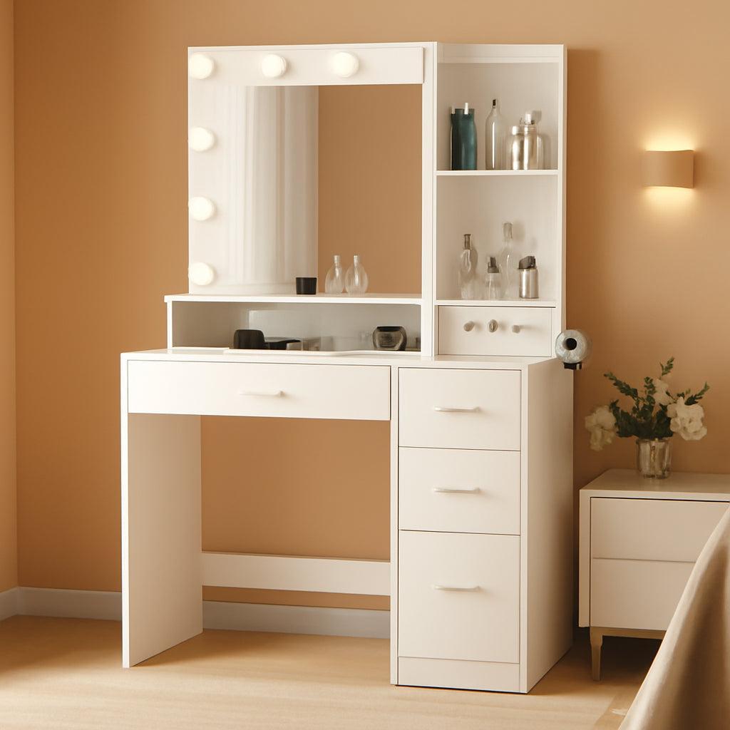 Vanity Desk With Mirror And Power Outlet White Drawers