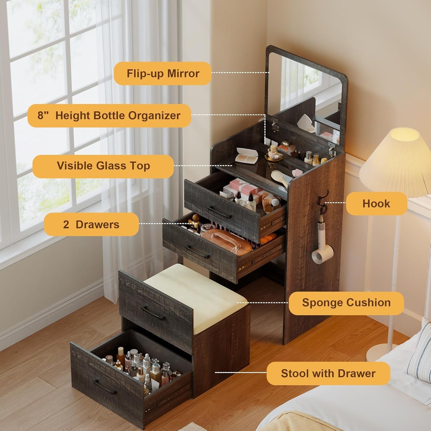 Compact Three In One Vanity Desk Mirror Dark Oak Finish