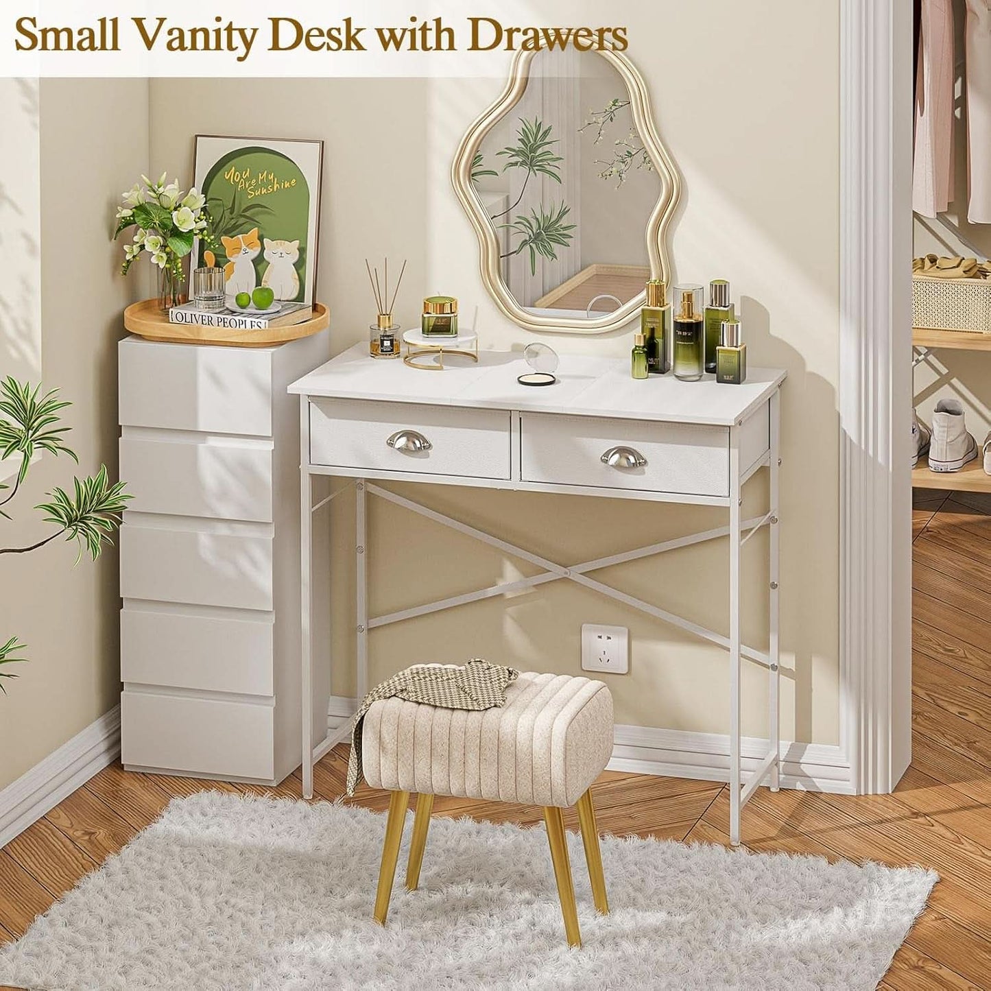White 31.5 Inch Vanity Desk No Mirror Soft Fabric Drawers