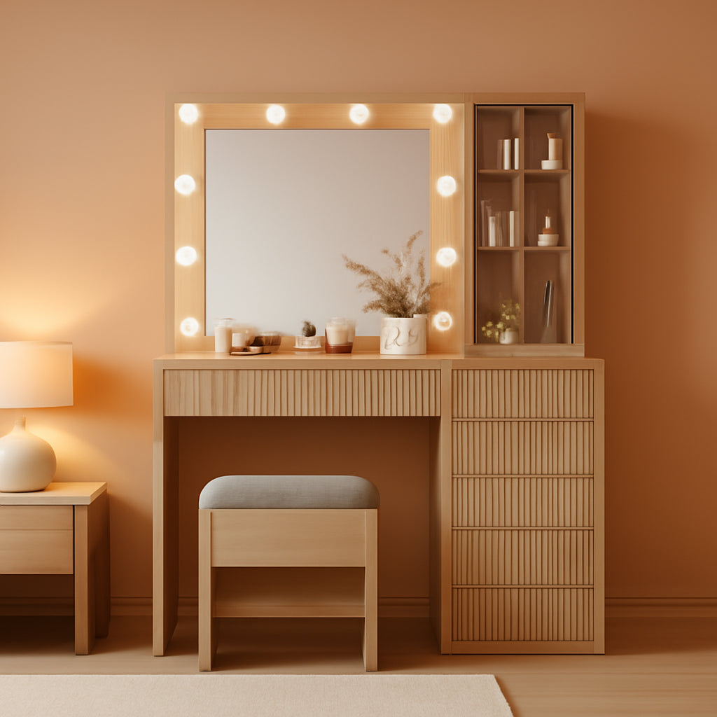 Forty Seven In Fluted Oak Makeup Vanity Desk Illuminated