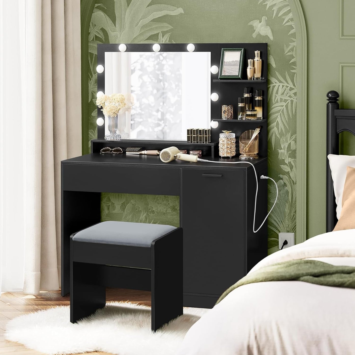 Forty Three Inch Black Vanity Desk With Dimmable Illumination