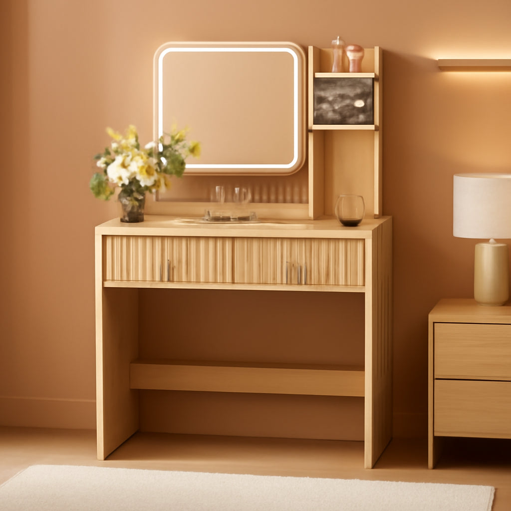 Natural Oak Fluted Vanity Desk Dimmable Illumination