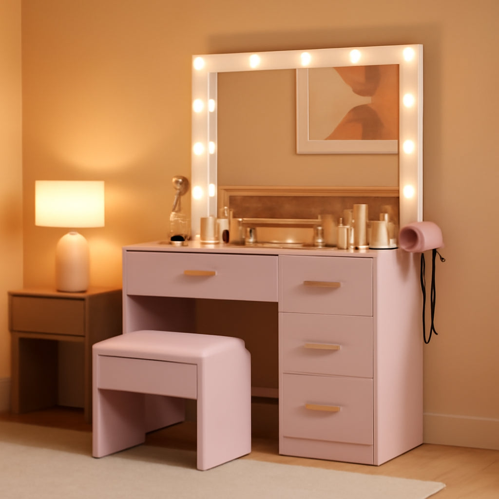 Pale Pink Vanity Desk With Ultra luminescent Mirror