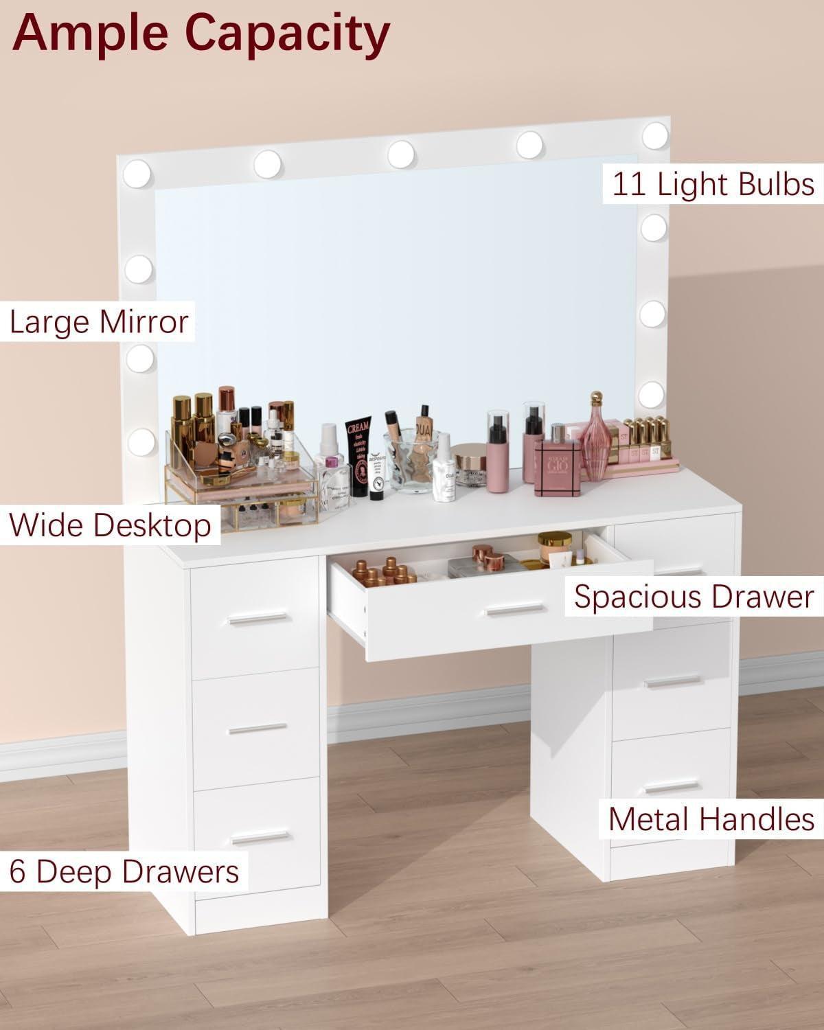 White Vanity Table With Illuminated Mirror Drawers