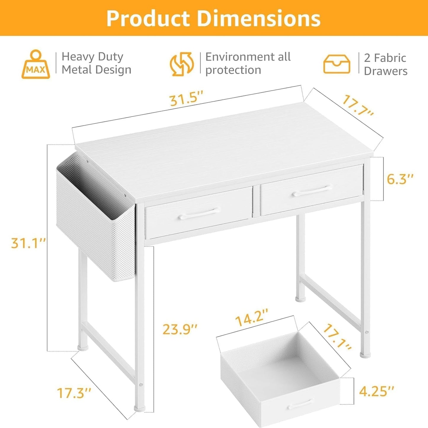 White Thirty Two Inch Vanity Desk With Fabric Drawers Storage
