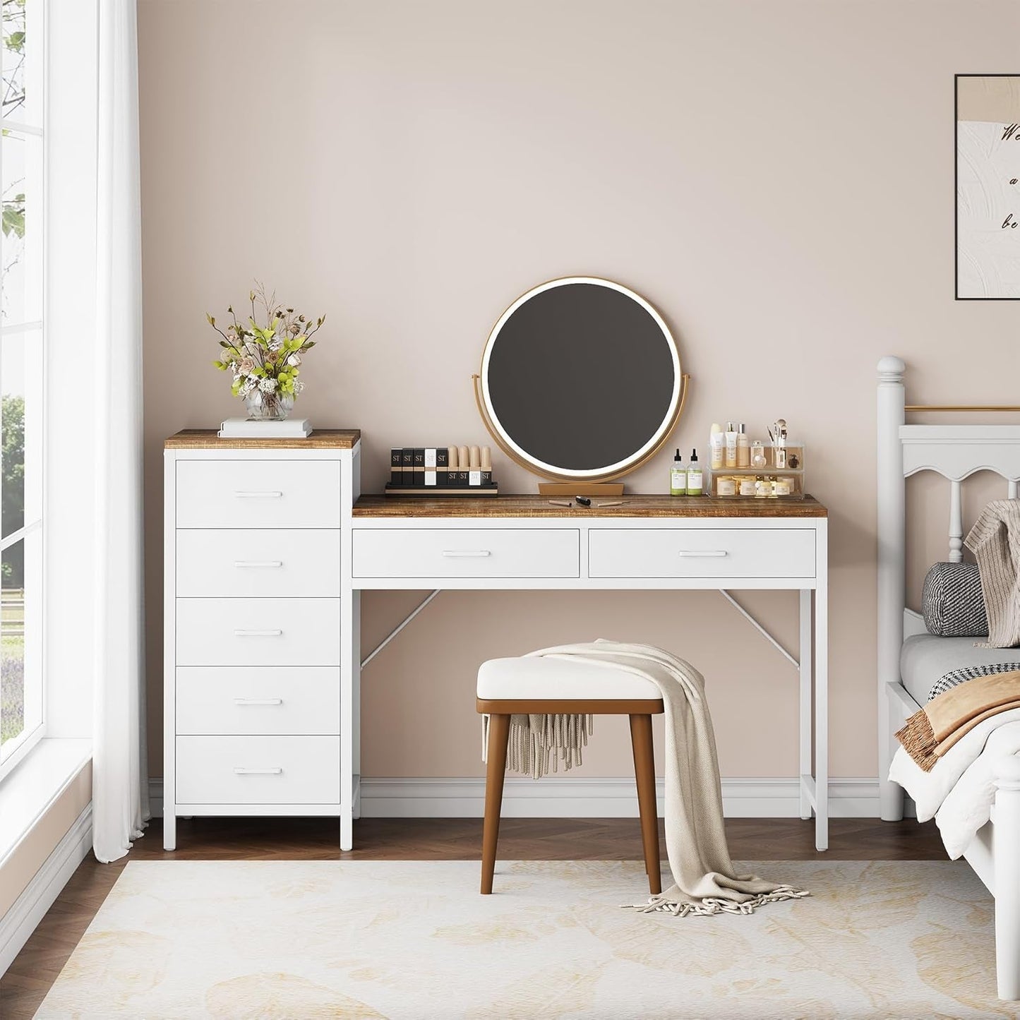 Fifty Five Inch Makeup Vanity Desk With Reversible Drawers