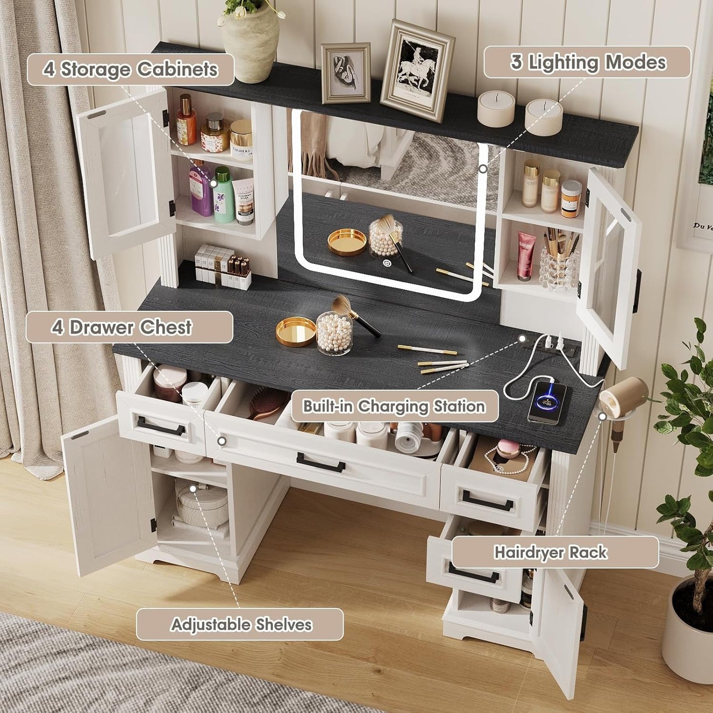 Forty Five Inch Wide White Vanity Desk LED Mirror Storage Unit