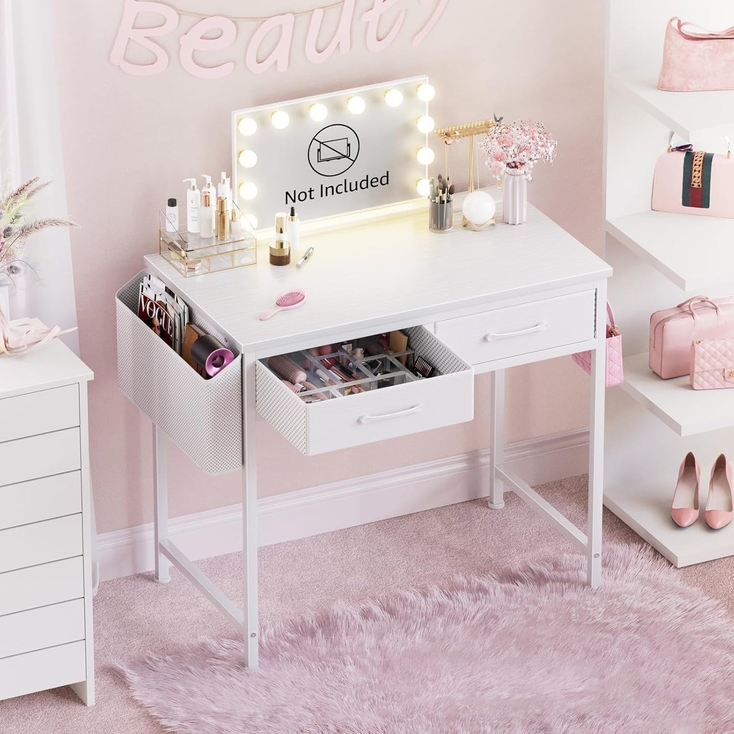 White Thirty Two Inch Vanity Desk With Fabric Drawers Storage