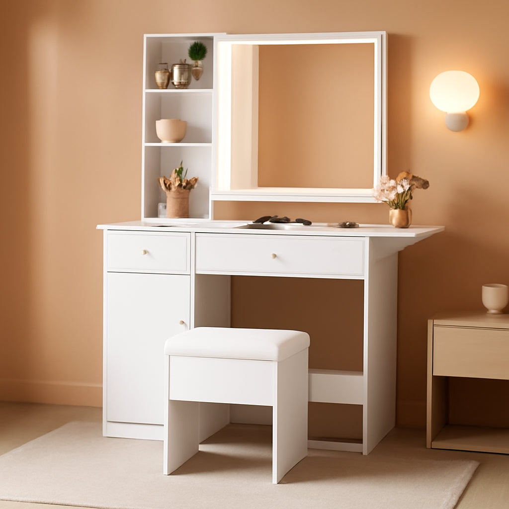 White Vanity Desk With Integrated Illumination Mirror