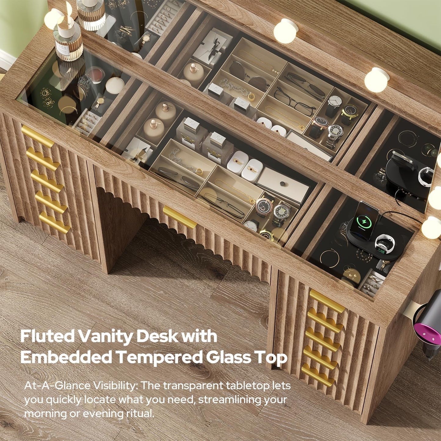 Fluted Makeup Vanity Desk Glass Top Fifteen Drawers LED Natural