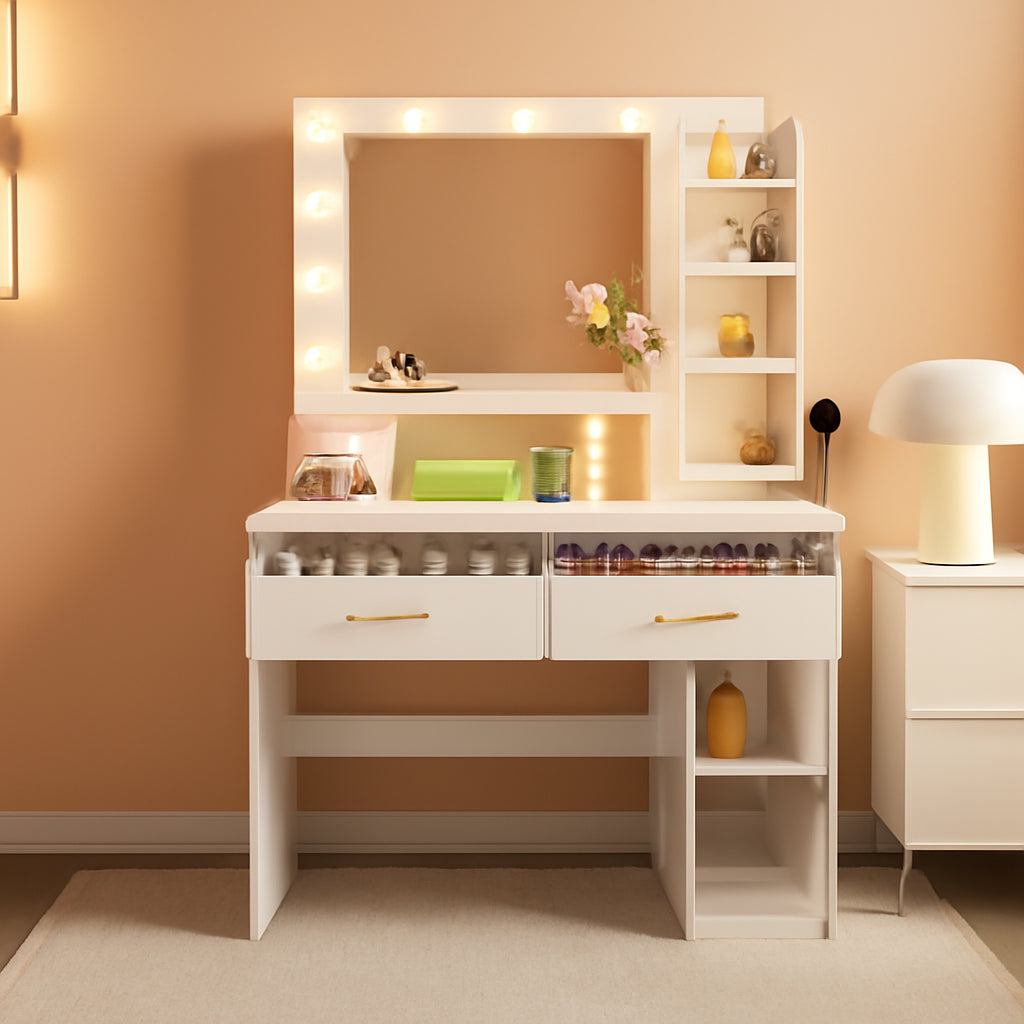 White LED Vanity Desk With Illuminated Makeup Mirror