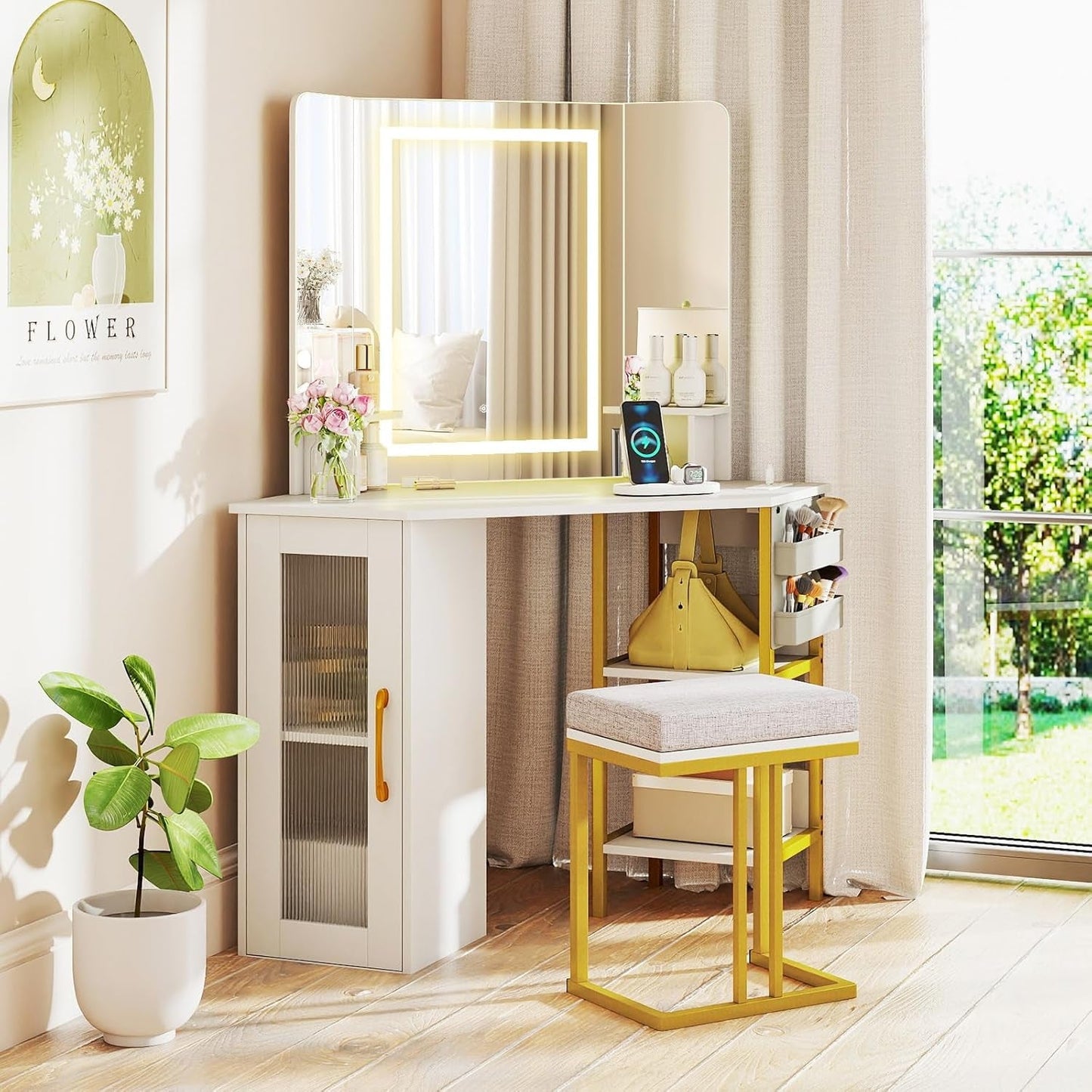 Corner Vanity Desk With Lighted Tri Fold Mirror And Storage White Gold
