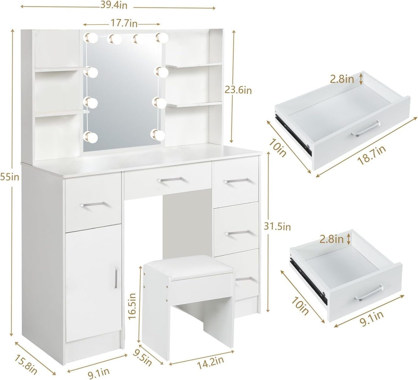 White Makeover Vanity Desk With Illuminated Mirror